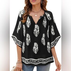 Bebonnie XL Black & White Floral Tunic Top